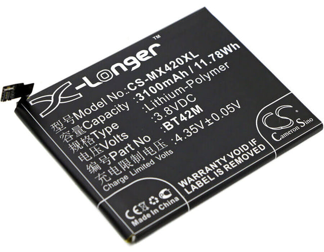 3.8V, Li-Polymer, 3100mAh, SmartPhone battery fits Meizu, Bt42m, Blue Charm Metal, M1 Metal, 11.78Wh Mobile, SmartPhone Cameron Sino Technology Limited (Suspended)
