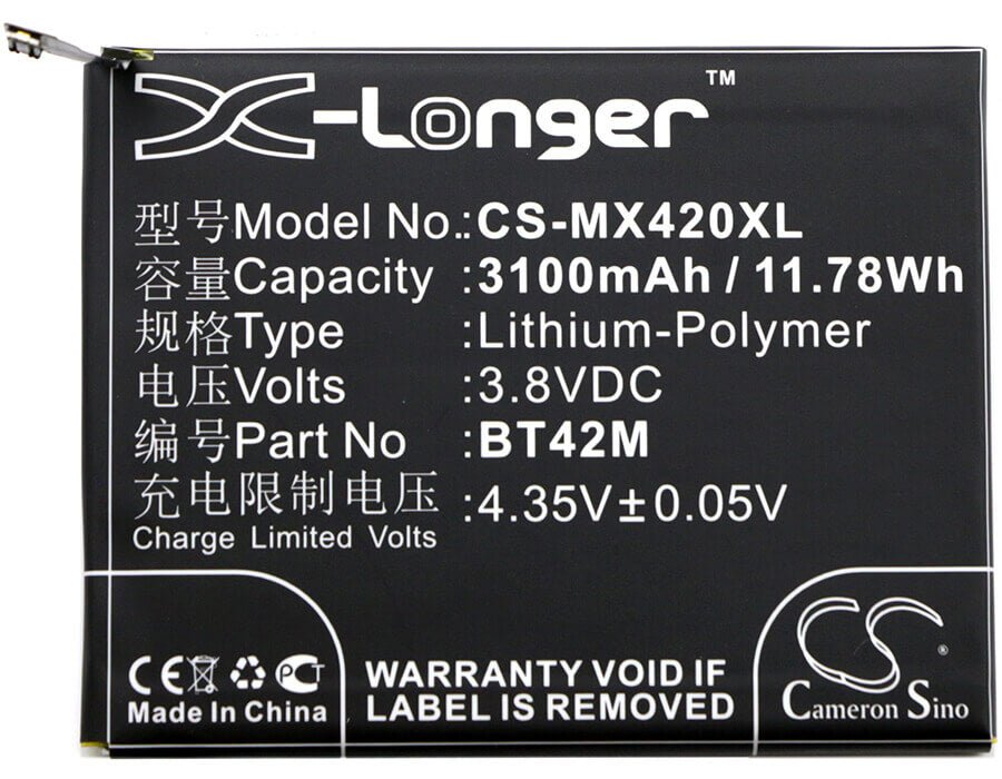 3.8V, Li-Polymer, 3100mAh, SmartPhone battery fits Meizu, Bt42m, Blue Charm Metal, M1 Metal, 11.78Wh Mobile, SmartPhone Cameron Sino Technology Limited (Suspended)
