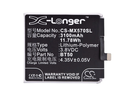 3.8V, Li-Polymer, 3100mAh, SmartPhone battery fits Meizu, Bt50, Blue Charm Metal, Blue Charm Metal Dual Sim Td-l, 11.78Wh Mobile, SmartPhone Cameron Sino Technology Limited (Smartphone)