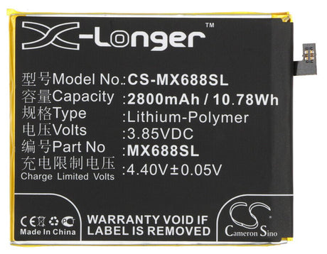 3.85V, Li-Polymer, 2800mAh, SmartPhone battery fits Meizu, Bt68, M3, M3 Mini, 10.78Wh Mobile, SmartPhone Cameron Sino Technology Limited (Smartphone)