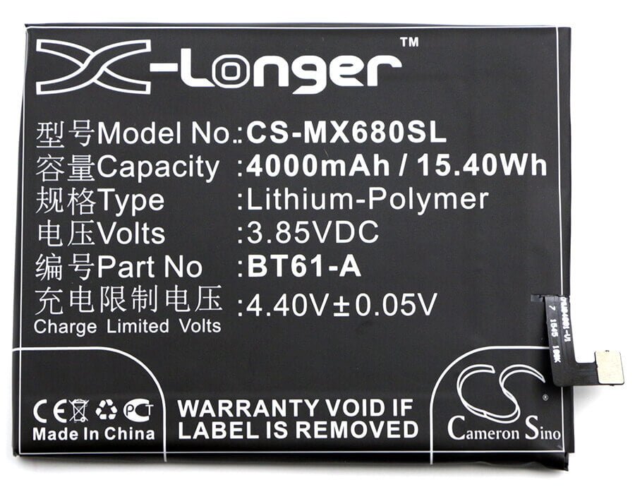 3.85V, Li-Polymer, 4000mAh, SmartPhone battery fits Meilan, Meizu, Bt61-a, Note 3, 15.4Wh Mobile, SmartPhone Cameron Sino Technology Limited (Smartphone)
