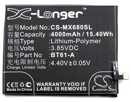 3.85V, Li-Polymer, 4000mAh, SmartPhone battery fits Meilan, Meizu, Bt61-a, Note 3, 15.4Wh Mobile, SmartPhone Cameron Sino Technology Limited (Smartphone)