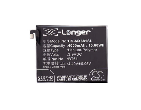 3.9V, Li-Polymer, 4000mAh, SmartPhone battery fits Meizu, Bt61, L681c, L681h, 15.6Wh Mobile, SmartPhone Cameron Sino Technology Limited (Smartphone)