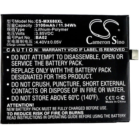3.85V, Li-Polymer, 3100mAh, SmartPhone battery fits Meizu, Ba02, A680m, A680q, 11.94Wh Mobile, SmartPhone Cameron Sino Technology Limited (Smartphone)