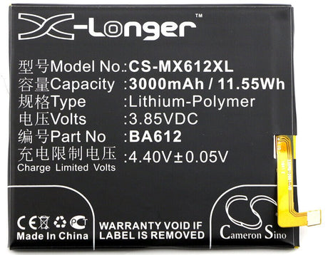 3.85V, Li-Polymer, 3000mAh, SmartPhone battery fits Meizu, Ba612, M5s, M5s Dual Sim, 11.55Wh Mobile, SmartPhone Cameron Sino Technology Limited (Smartphone)