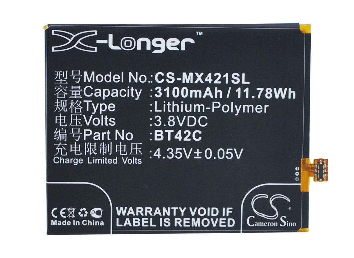 3.8V, Li-Polymer, 3100mAh, SmartPhone battery fits Meizu, Bt42c, Note 2, 11.78Wh Mobile, SmartPhone Cameron Sino Technology Limited (Smartphone)
