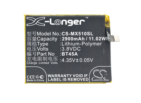 3.8V, Li-Polymer, 2900mAh, SmartPhone battery fits Meizu, Bt45a, M2 Note M571c, M2 Note M571h, 11.02Wh Mobile, SmartPhone Cameron Sino Technology Limited (Smartphone)