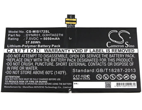7.5V, Li-Polymer, 5050mAh, Tablet battery fits Microsoft, Dynr01, 1724, Surface 4, 37.88Wh Tablet Cameron Sino Technology Limited
