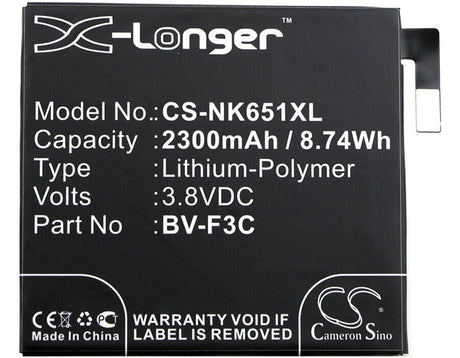 3.8V, Li-Polymer, 2300mAh, SmartPhone battery fits Microsoft, Bv-f3c, Lumia 650 Xl, 8.74Wh Mobile, SmartPhone Cameron Sino Technology Limited (Suspended)