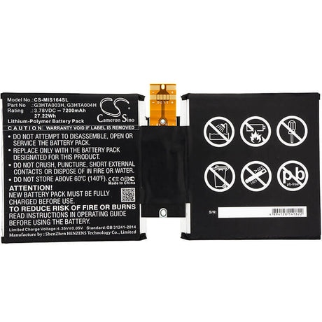 3.78V, Li-Polymer, 7200mAh, Tablet battery fits Microsoft, G3hta003h, Msk-1645, Surface 3 10.8", 27.22Wh Tablet Cameron Sino Technology Limited