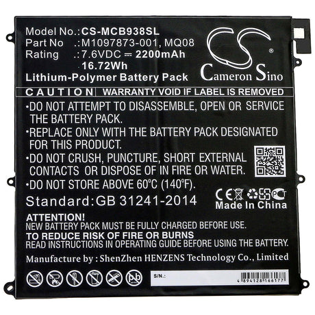 7.6V, Li-Polymer, 2200mAh, Tablet battery fits Microsoft, M1097873-001, Surface Book 1938, 16.72Wh Tablet Cameron Sino Technology Limited
