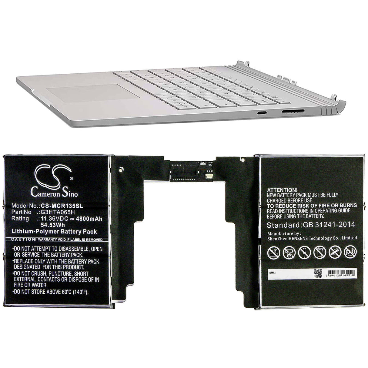 11.36V, Li-Polymer, 4800mAh, Tablet battery fits Microsoft, G3hta065h, Surface Book 3 13.5 Keyboard, 54.53Wh Tablet Cameron Sino Technology Limited
