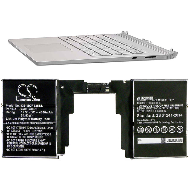 11.36V, Li-Polymer, 4800mAh, Tablet battery fits Microsoft, G3hta065h, Surface Book 3 13.5 Keyboard, 54.53Wh Tablet Cameron Sino Technology Limited