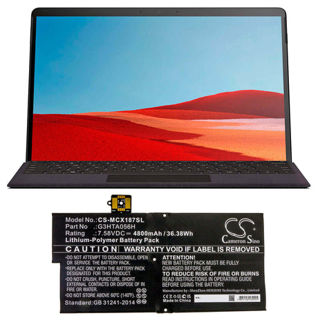 7.58V, Li-Polymer, 4800mAh, Tablet battery fits Microsoft, G3hta056h, Surface Pro X 1876, 36.38Wh Tablet Cameron Sino Technology Limited