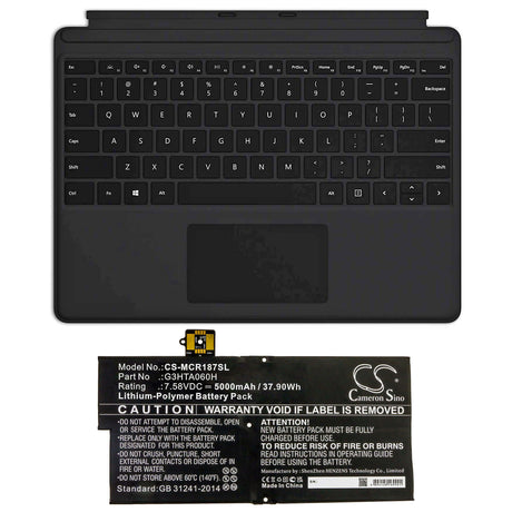 7.58V, Li-Polymer, 5000mAh, Tablet battery fits Microsoft, G3hta060h, Surface Pro X 1876 Keyboard, 37.90Wh Tablet Cameron Sino Technology Limited