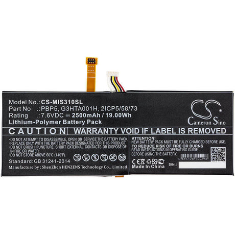 7.6V, Li-Polymer, 2500mAh, Tablet battery fits Microsoft, 2icp5/58/73, Surfacebook With Performance B, 19.00Wh Tablet Cameron Sino Technology Limited
