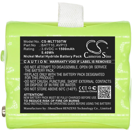3.6V, Ni-MH, 1500mAh, Two-Way Radio battery fits Midland, Avp13, T71, T75, 5.4Wh Two-Way Radio Cameron Sino Technology Limited