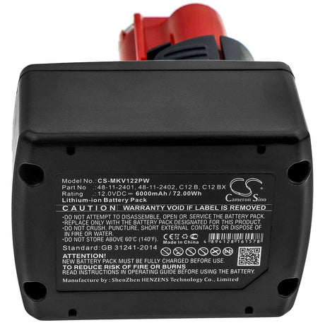 12.0V, Li-ion, 6000mAh, Power Tools battery fits Milwaukee, 48112401, 2207-20, 2207-21, 72Wh Power Tools Cameron Sino Technology Limited (Power Tools)
