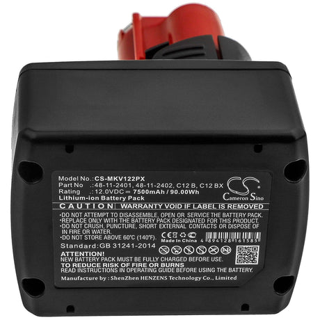 12.0V, Li-ion, 7500mAh, Power Tools battery fits Milwaukee, 48112401, 2207-20, 2207-21, 90Wh Power Tools Cameron Sino Technology Limited (Power Tools)