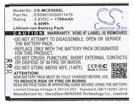 3.8V, Li-ion, 1700mAh, SmartPhone battery fits Mobistel, E500615050011476, Cynus E5, Cynus E5 4g, 6.46Wh Mobile, SmartPhone Cameron Sino Technology Limited (Smartphone)