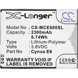 3.8V, Li-Polymer, 2300mAh, SmartPhone battery fits Mobistel, Cynus E6, Cynus E6, 8.74Wh Mobile, SmartPhone Cameron Sino Technology Limited (Smartphone)