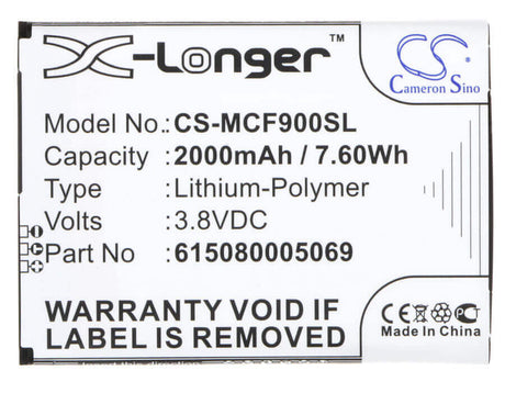 3.8V, Li-Polymer, 2000mAh, SmartPhone battery fits Mobistel, 615080005069, Cynus F9, Cynus F9 4g, 7.6Wh Mobile, SmartPhone Cameron Sino Technology Limited (Smartphone)