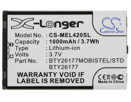 3.7V, Li-ion, 1000mAh, SmartPhone battery fits Mobistel, Bty26177, El420, El420 Dual, 3.7Wh Mobile, SmartPhone Cameron Sino Technology Limited (Suspended)