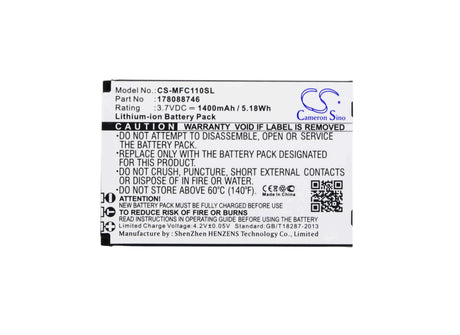 3.7V, Li-ion, 1400mAh, SmartPhone battery fits Mobiwire, 178088746, Cygnus Mini, 5.18Wh Mobile, SmartPhone Cameron Sino Technology Limited (Smartphone)