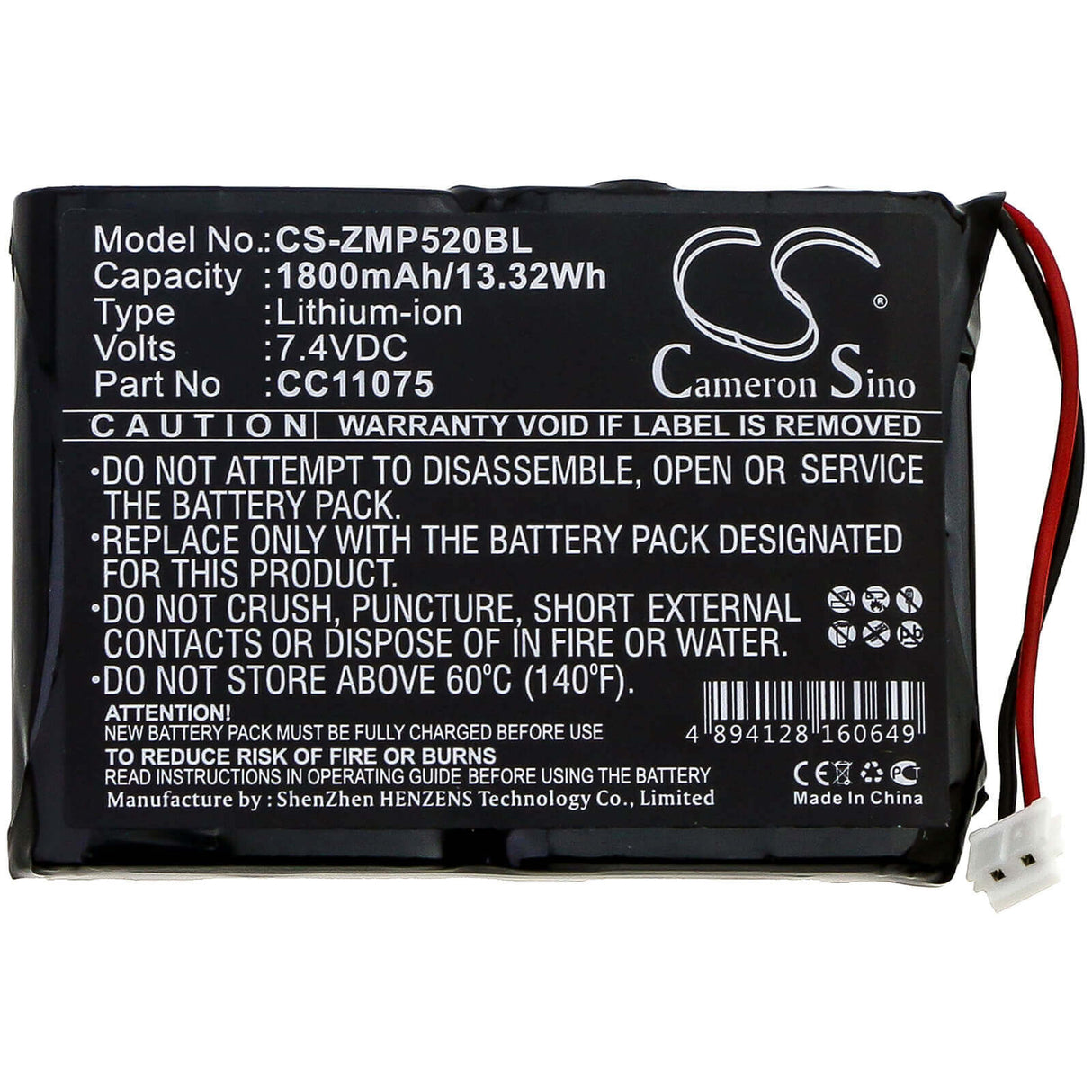 7.4V, Li-ion, 1800mAh, Portable Printer battery fits Monarch, Zebra, Cc11075, Mp5020, Mp5022, 13.32Wh Portable Printer Cameron Sino Technology Limited