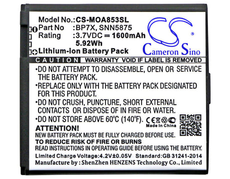 3.7V, Li-ion, 1600mAh, SmartPhone battery fits Motorola, Bp7x, A855 Sholes Android, A954, 5.92Wh Mobile, SmartPhone Cameron Sino Technology Limited (Smartphone)