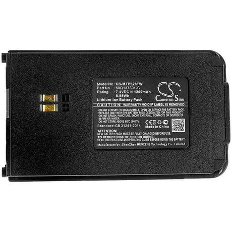 7.4V, Li-ion, 1200mAh, Two-Way Radio battery fits Motorola, 60q137301-c, Clarigo Smp-508, Clarigo Smp-528, 8.88Wh Two-Way Radio Cameron Sino Technology Limited