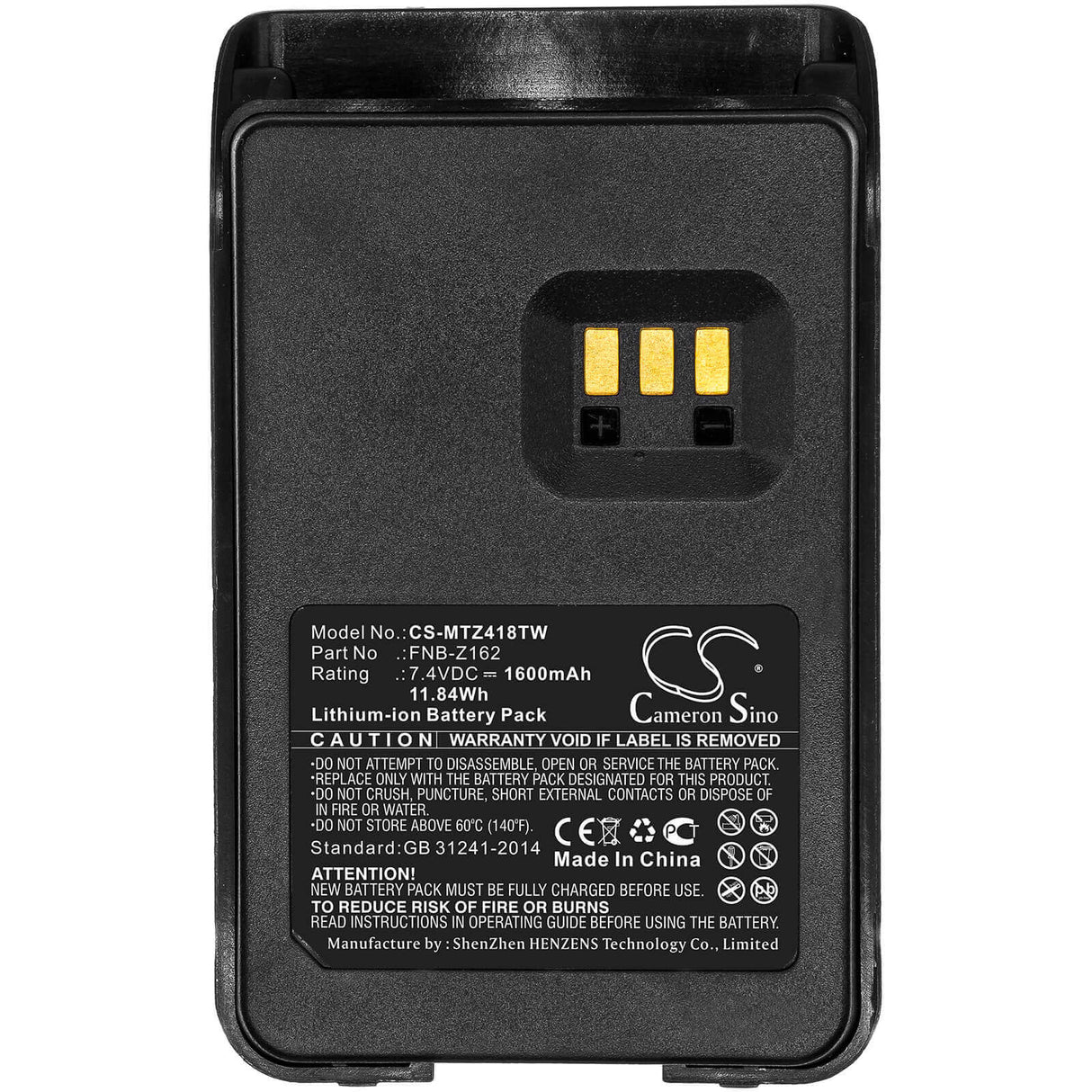 7.4V, Li-ion, 1600mAh, Two-Way Radio battery fits Motorola, Fnb-z162, Magone V418d, Magone V468, 11.84Wh Two-Way Radio Cameron Sino Technology Limited