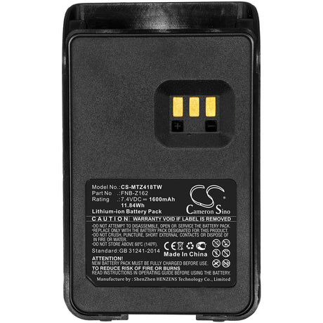 7.4V, Li-ion, 1600mAh, Two-Way Radio battery fits Motorola, Fnb-z162, Magone V418d, Magone V468, 11.84Wh Two-Way Radio Cameron Sino Technology Limited