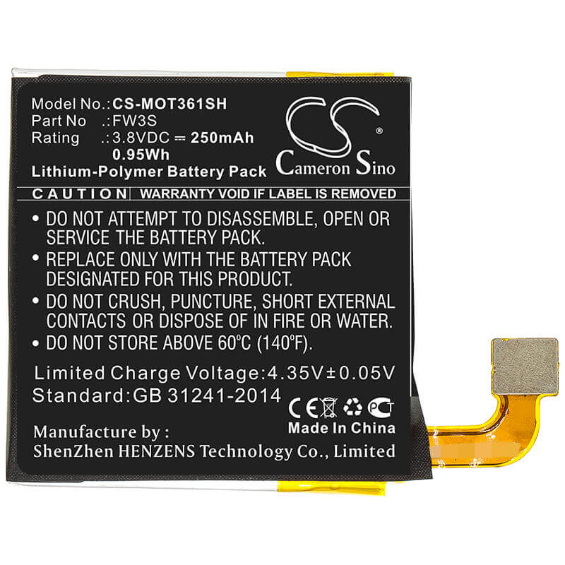 3.8V, Li-Polymer, 250mAh, Smartwatch battery fits Motorola, Fw3s, Moto 360 2nd, Moto 360 2rd, 0.95Wh Smartwatch Cameron Sino Technology Limited