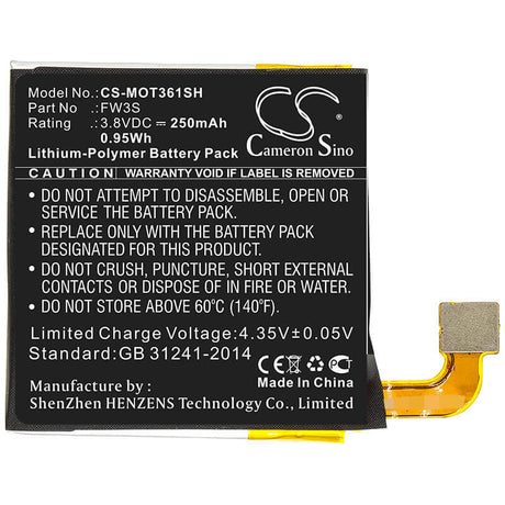 3.8V, Li-Polymer, 250mAh, Smartwatch battery fits Motorola, Fw3s, Moto 360 2nd, Moto 360 2rd, 0.95Wh Smartwatch Cameron Sino Technology Limited