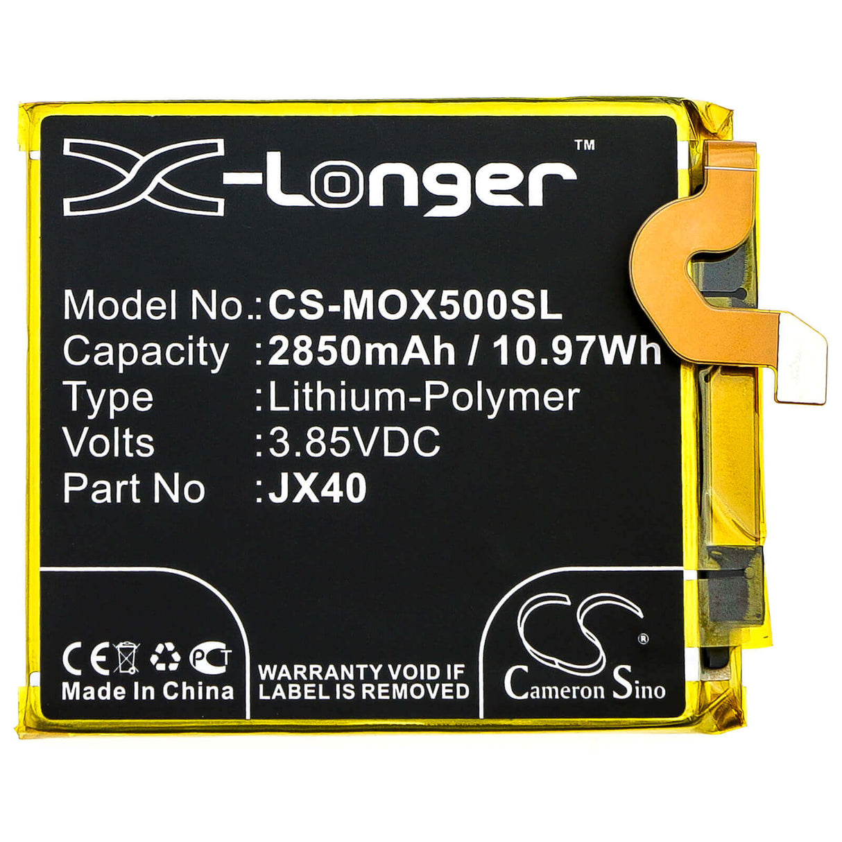 3.85V, Li-Polymer, 2850mAh, SmartPhone battery fits Motorola, Jx40, Moto X5, 10.97Wh Mobile, SmartPhone Cameron Sino Technology Limited (Smartphone)