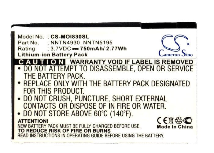 3.7V, Li-ion, 750mAh, SmartPhone battery fits Motorola, Nntn4930, Nextel I830, Nextel I833, 2.78Wh Mobile, SmartPhone Cameron Sino Technology Limited (Suspended)