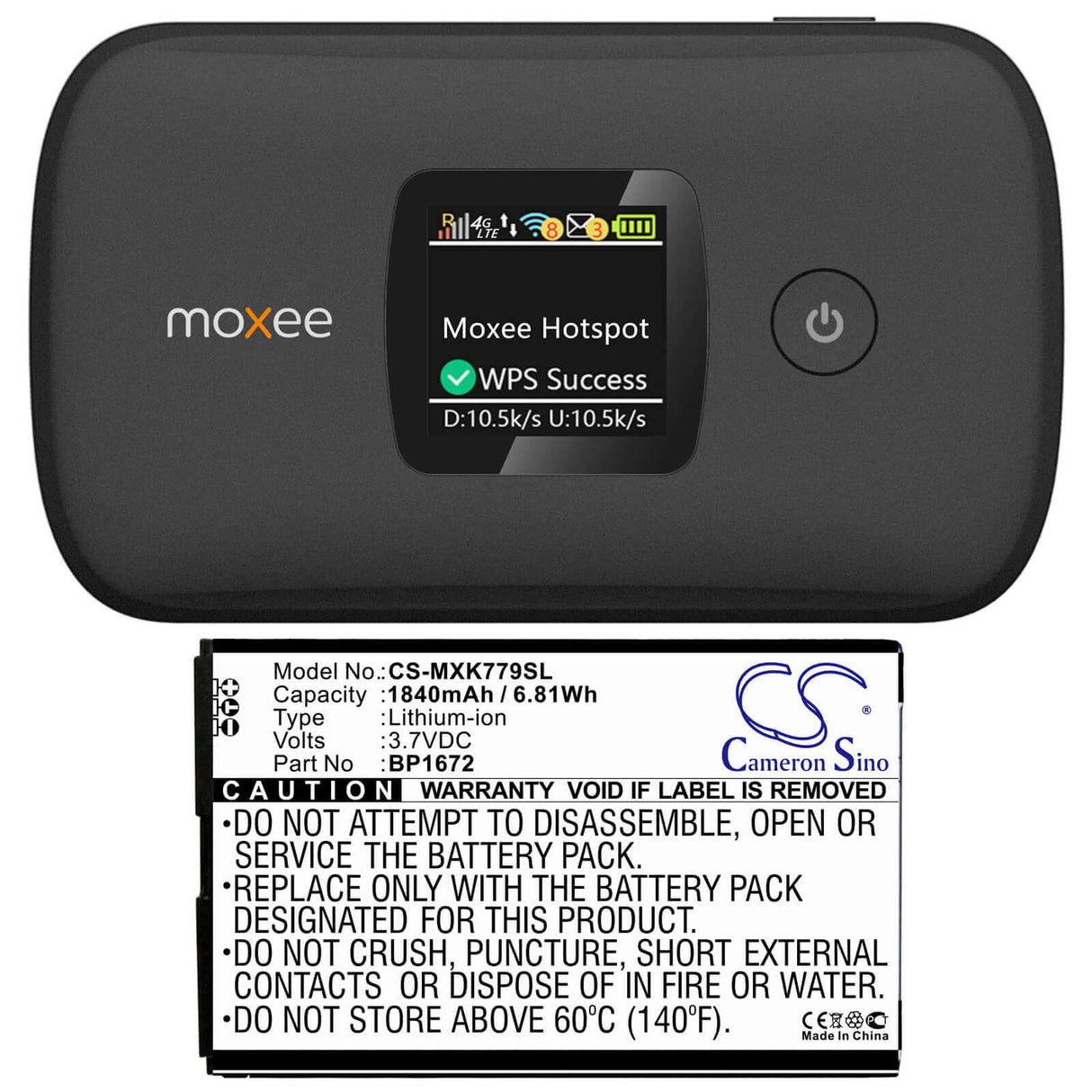 3.7V, Li-ion, 1840mAh, Hotspot battery fits Moxee, Bp1672, K779, K779hsdg_p, 6.81Wh Hotspot Cameron Sino Technology Limited