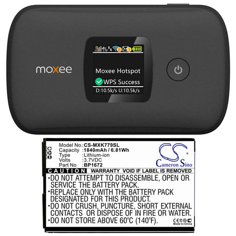 3.7V, Li-ion, 1840mAh, Hotspot battery fits Moxee, Bp1672, K779, K779hsdg_p, 6.81Wh Hotspot Cameron Sino Technology Limited