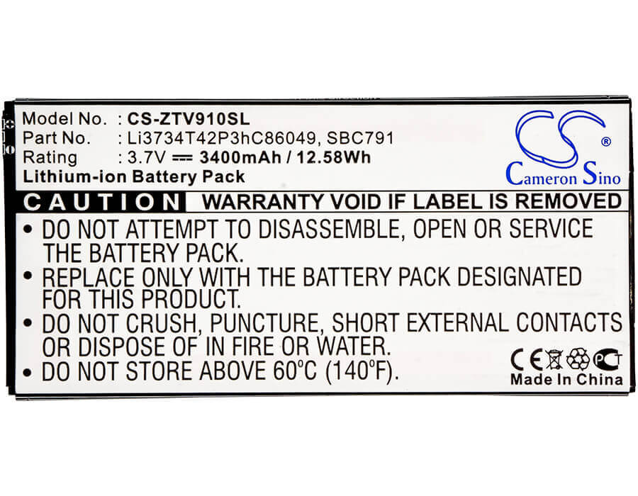 3.7V, Li-ion, 3400mAh, Tablet battery fits Билайн, Mtc, Zte, Optus, Li3734t42p3hc86049, 1055, 12.58Wh Tablet Cameron Sino Technology Limited