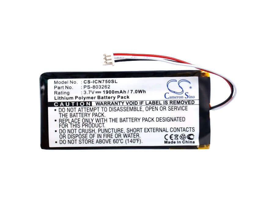 3.7V, Li-Polymer, 1900mAh, GPS battery fits Navman, Ps-803262, Icn720, Icn750, 7.03Wh GPS, Navigator Cameron Sino Technology Limited