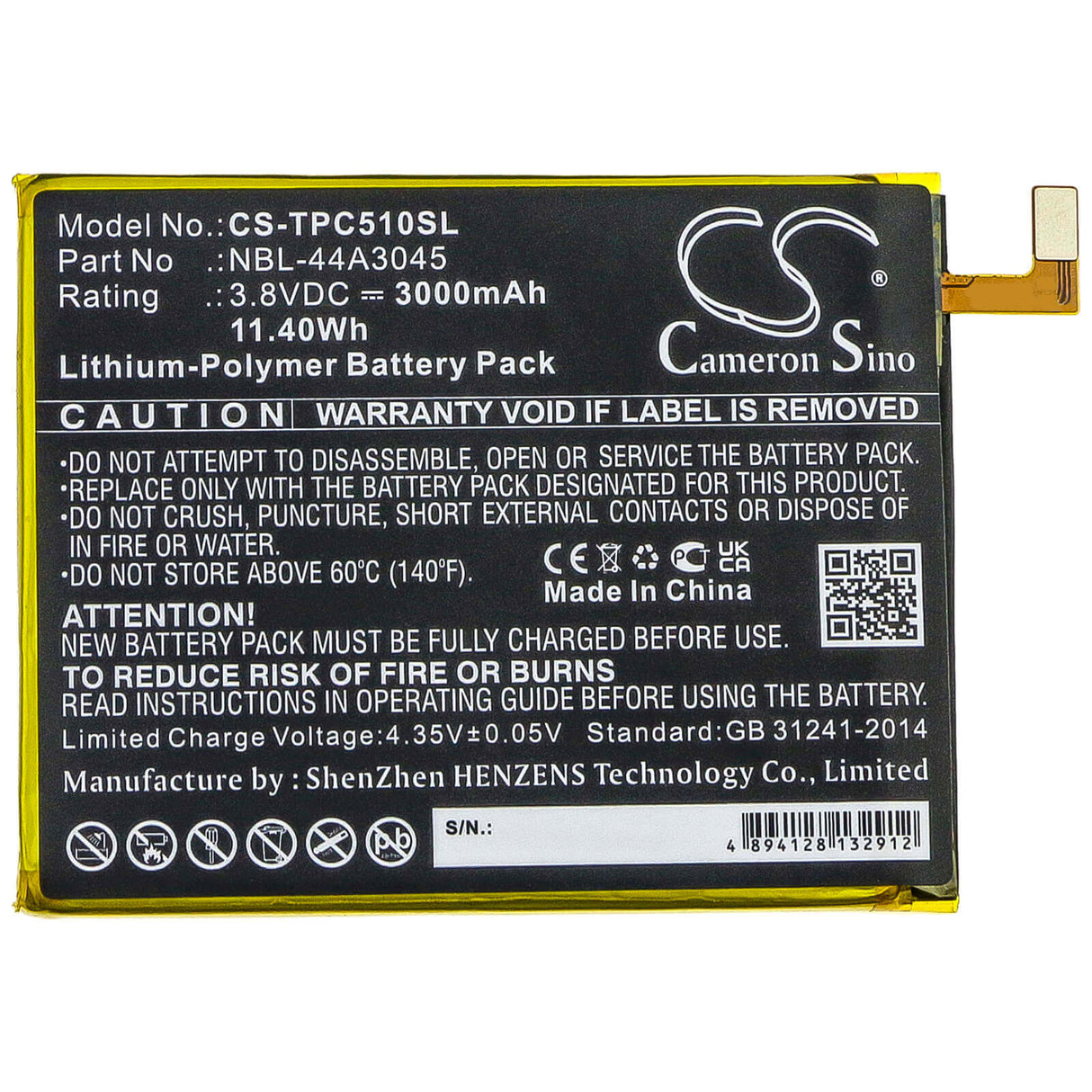 3.8V, Li-Polymer, 3000mAh, SmartPhone battery fits Neffos, Tp-link, Nbl-44a3045, C5 Max, C5 Max Lte Dual Sim, 11.4Wh Mobile, SmartPhone Cameron Sino Technology Limited (Smartphone)
