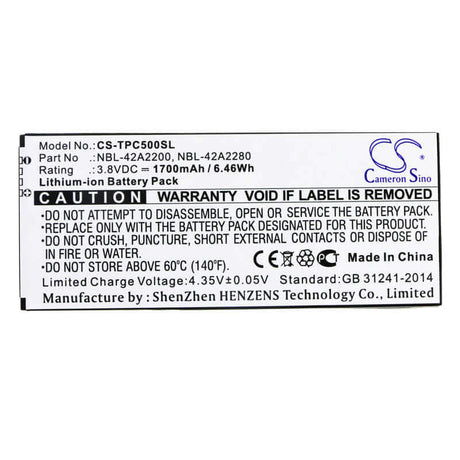 3.8V, Li-ion, 1700mAh, SmartPhone battery fits Tp-link, Neffos, Nbl-42a2200, C5, C5 Lte Dual Sim, 6.46Wh Mobile, SmartPhone Cameron Sino Technology Limited (Smartphone)