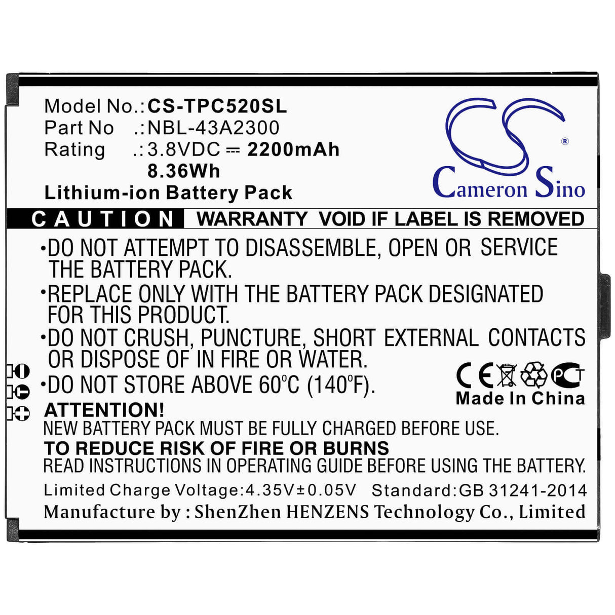 3.8V, Li-ion, 2200mAh, SmartPhone battery fits Tp-link, Neffos, Nbl-43a2300, C5a, C5a Dual Sim, 8.36Wh Mobile, SmartPhone Cameron Sino Technology Limited (Smartphone)