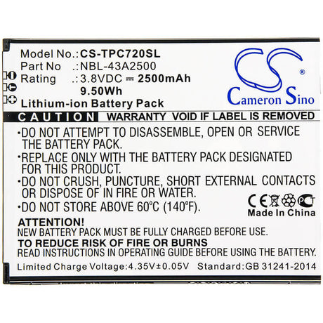 3.8V, Li-ion, 2500mAh, SmartPhone battery fits Neffos, Tp-link, Nbl-43a2500, C7s, Tp7051a, 9.5Wh Mobile, SmartPhone Cameron Sino Technology Limited (Smartphone)
