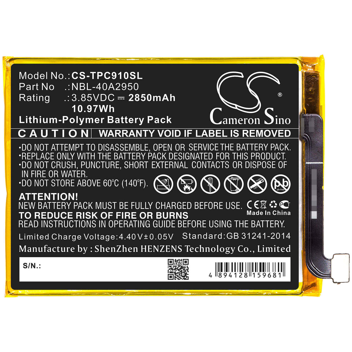 3.85V, Li-Polymer, 2850mAh, SmartPhone battery fits Neffos, Tp-link, Nbl-40a2950, C9 Max, Tp7062, 10.97Wh Mobile, SmartPhone Cameron Sino Technology Limited (Smartphone)