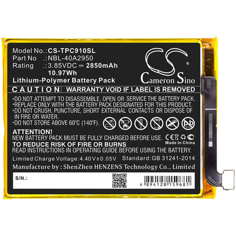 3.85V, Li-Polymer, 2850mAh, SmartPhone battery fits Neffos, Tp-link, Nbl-40a2950, C9 Max, Tp7062, 10.97Wh Mobile, SmartPhone Cameron Sino Technology Limited (Smartphone)