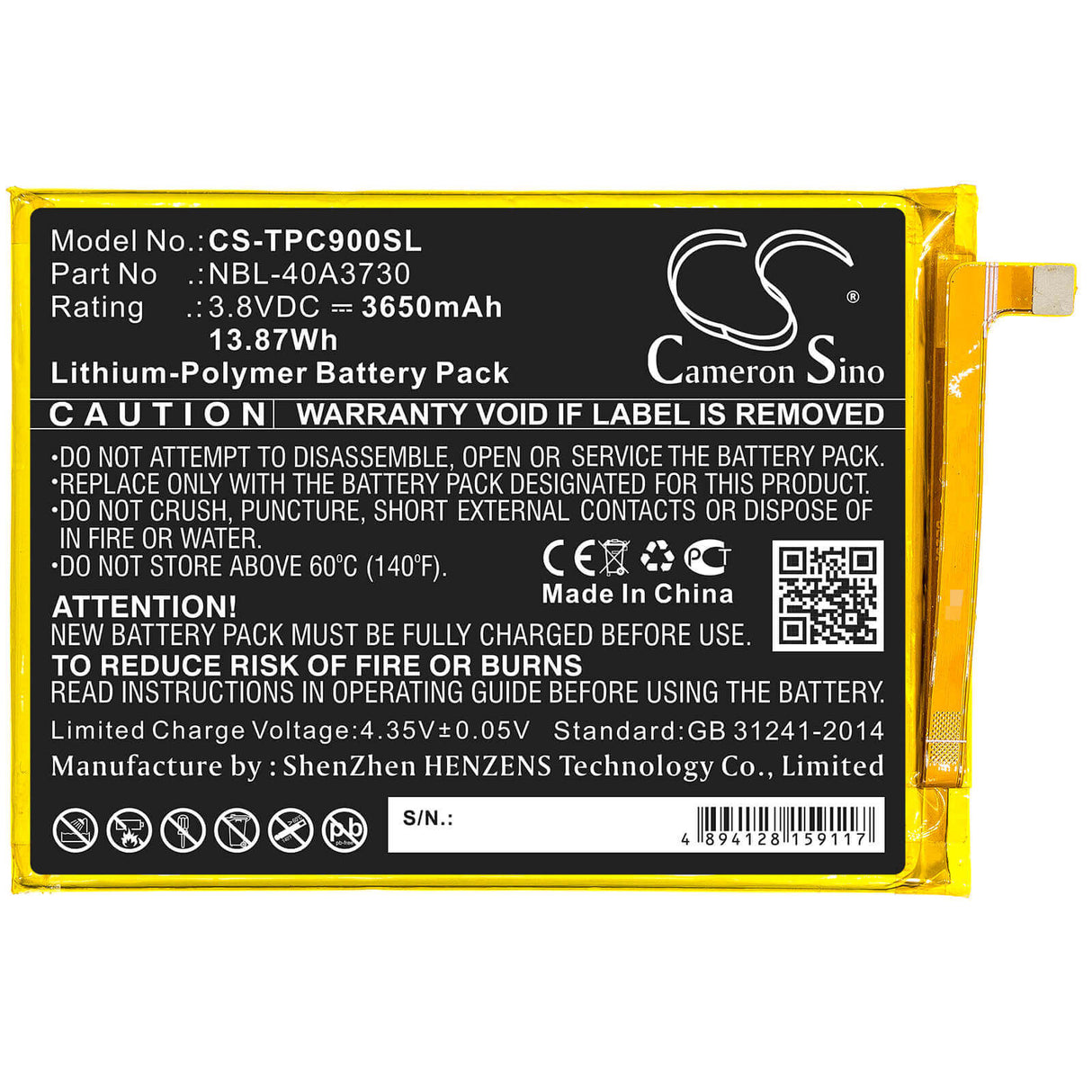 3.8V, Li-Polymer, 3650mAh, SmartPhone battery fits Tp-link, Neffos, Nbl-40a3730, C9, Tp707a, 13.87Wh Mobile, SmartPhone Cameron Sino Technology Limited (Smartphone)