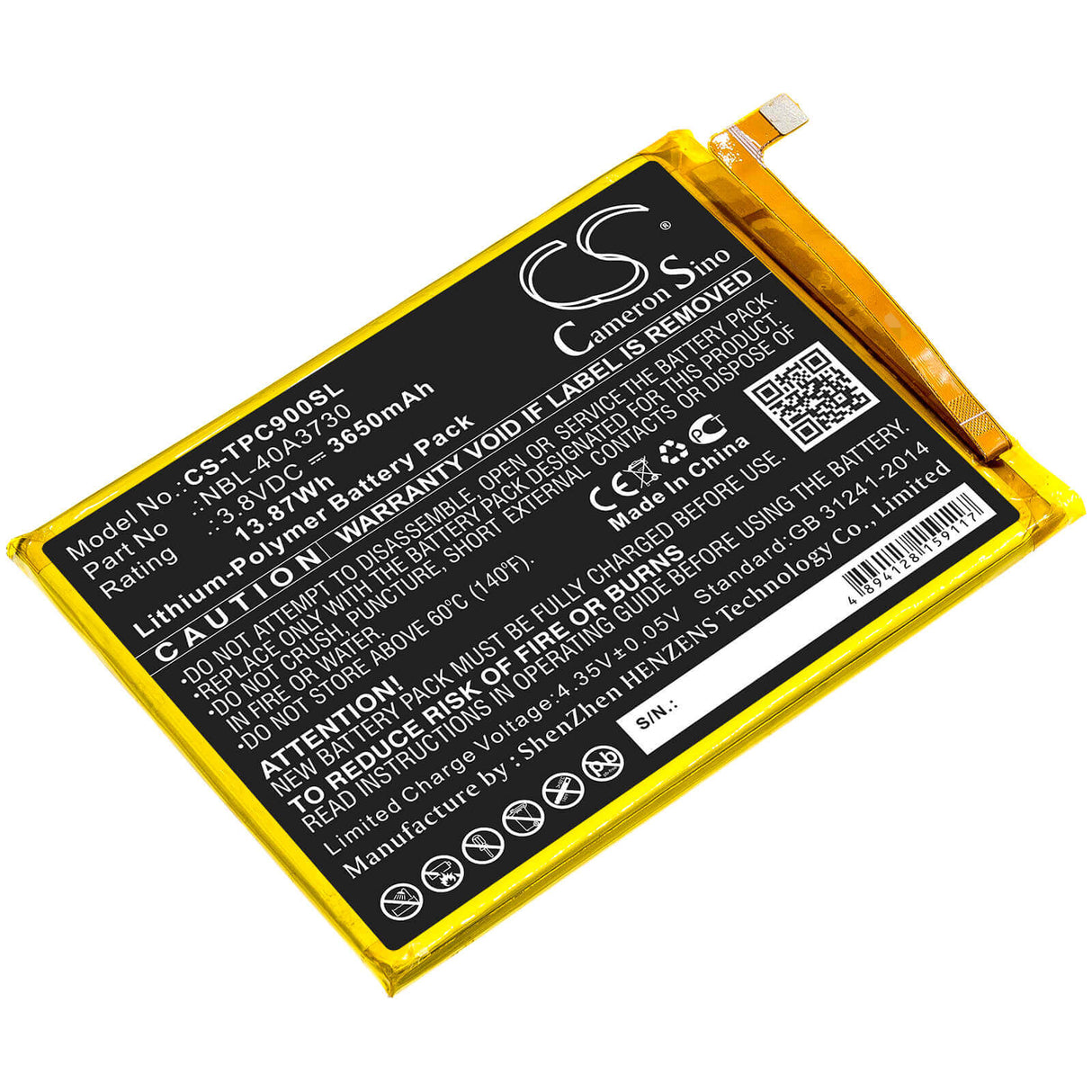 3.8V, Li-Polymer, 3650mAh, SmartPhone battery fits Tp-link, Neffos, Nbl-40a3730, C9, Tp707a, 13.87Wh Mobile, SmartPhone Cameron Sino Technology Limited (Smartphone)