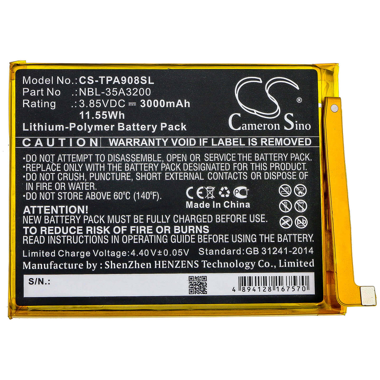 3.85V, Li-Polymer, 3000mAh, SmartPhone battery fits Tp-link, Neffos, Nbl-35a3200, N1, Tp908a, 11.55Wh Mobile, SmartPhone Cameron Sino Technology Limited (Smartphone)